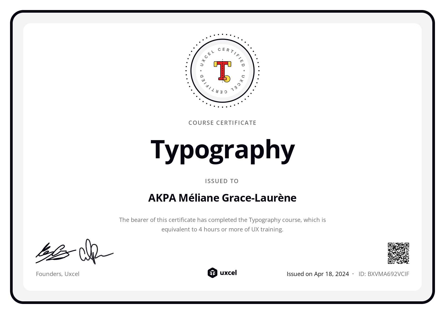 AKPA Méliane Grace-Laurène's certificate